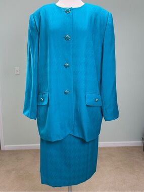 Vintage Worthington Woman 24W Skirt Suit Teal Turquoise Jacquard 2 Piece Suit